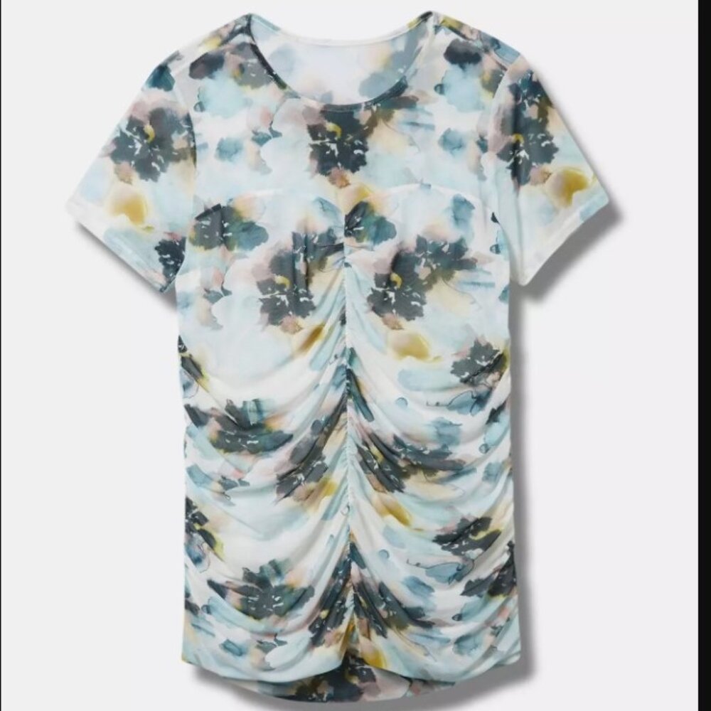 Stretch Mesh Crew Neck Ruched Top NWT